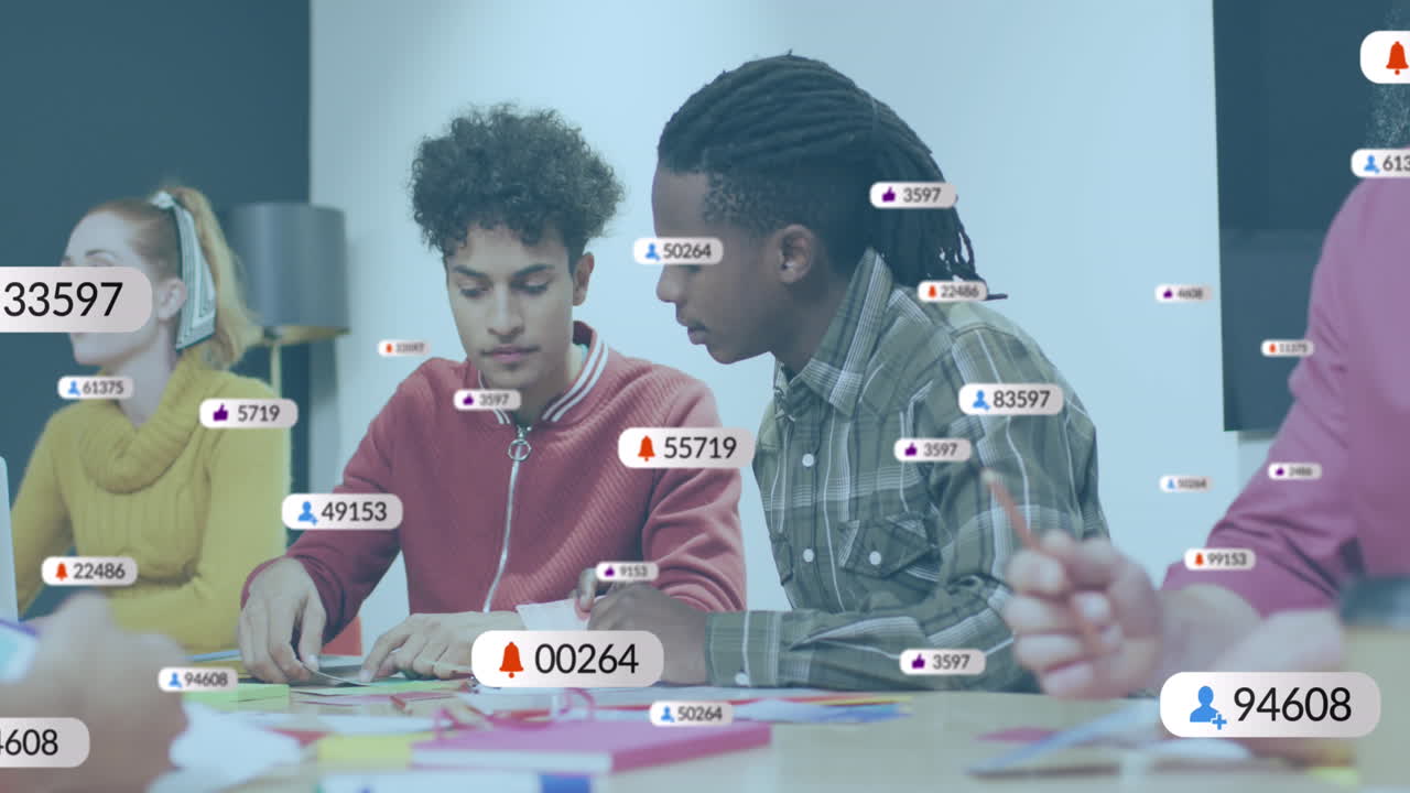 Animation of social media data processing over diverse business people in office