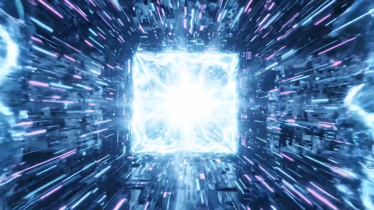 A Journey Through an Abstract Digital Tunnel: Experience the Fusion of Light and Energy as it Propels Forward into a Mesmerizing Cosmic Vortex