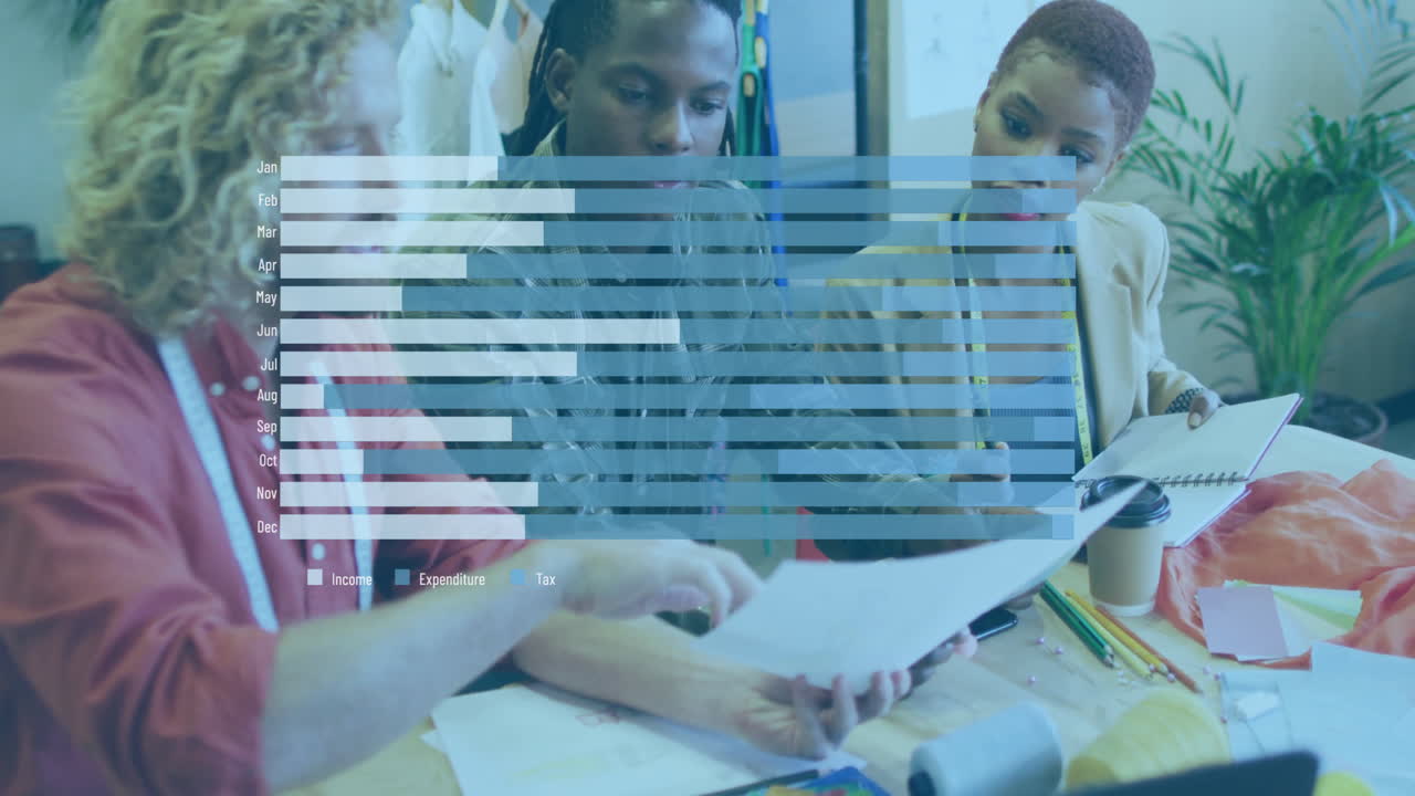 Diverse team discussing documents with financial data processing animation overlay