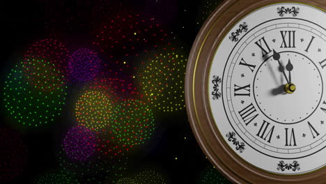 Animación-Del-Tictac-Del-Reloj-Retro-Que-Muestra-Medianoche-Con-Fuegos-Artificiales-Sobre-Fondo-Negro