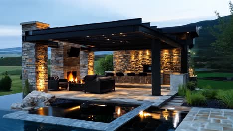 a patio with a fire pit and a grill area next to a pond