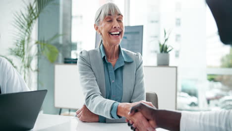 business handshake between senior woman and partner