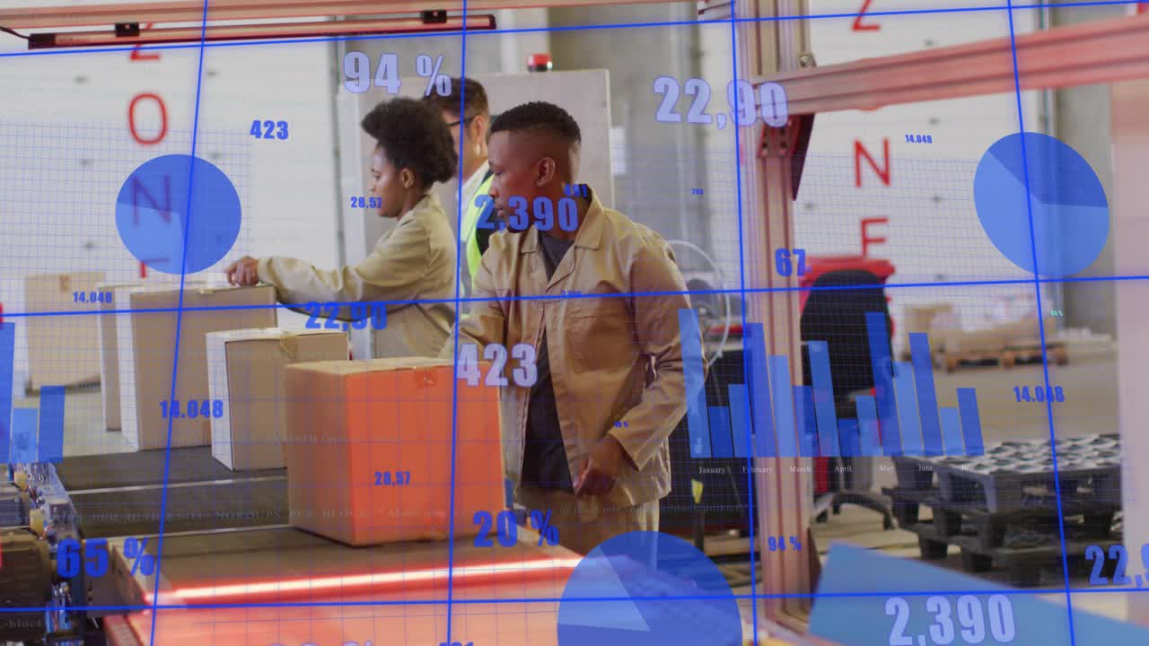 Packers handling boxes on warehouse conveyor hitting red scanner, lead checking, blue data tracking