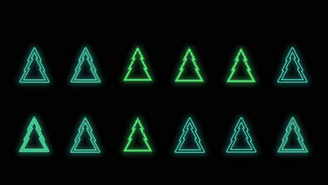 patrón de árboles de navidad con luz pulsante de neón sobre degradado negro.