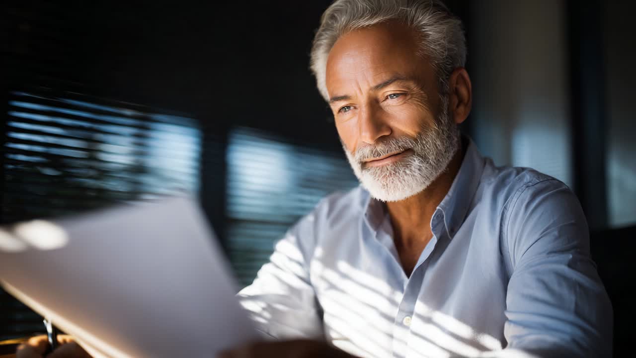 An Introspective Elderly Man Analyzes Documents Under Soft Light, Highlighting Experience and Wisdom as He Engages with Important Papers Amidst Subtle Shadows and Sunlight Effects