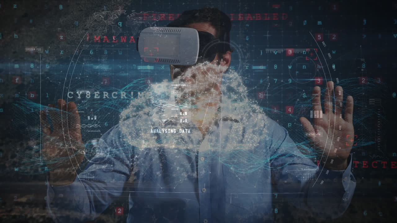 Animation af netværk af forbindelser over mand med VR headset