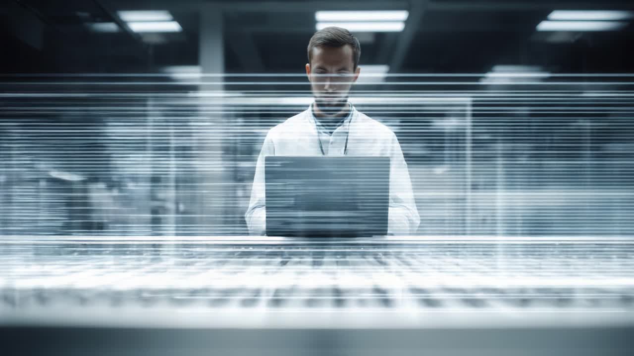 Focused Researcher Analyzes Data in Modern Laboratory Environment with Advanced Technology and Digital Innovations Enhancing Scientific Exploration