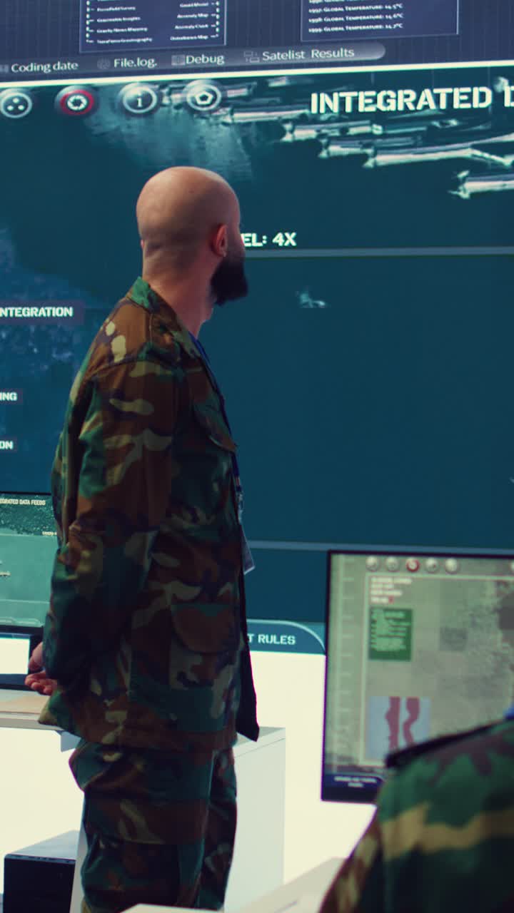 Military Man in Camouflage Uniform Monitoring Data in Control Room