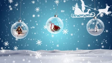 Animation-of-santa-claus-in-sleigh-with-reindeer-over-snow-falling-and-christmas-baubles