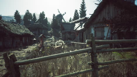 A quiet rural village with rustic houses and a weathered fence at midday