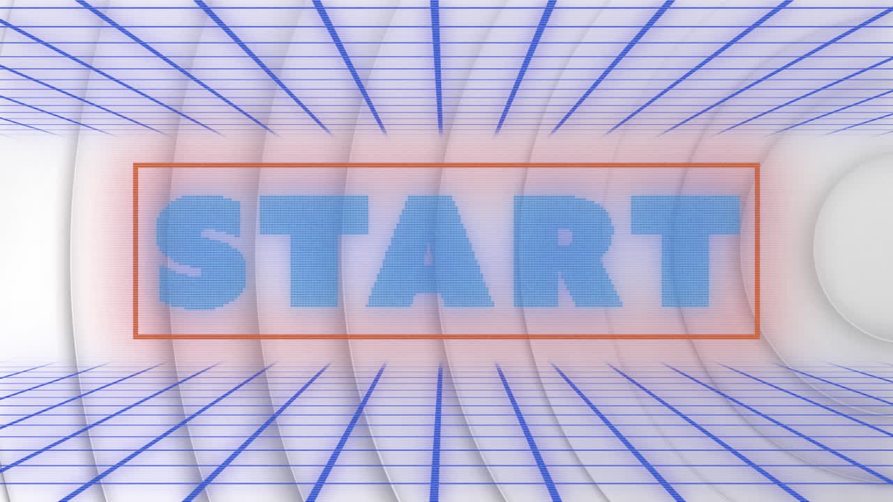 animación del texto de inicio sobre la red de cuadrícula contra un fondo blanco neumórfico con patrones curvados