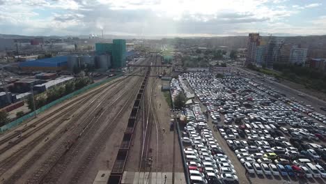 Aerial-drone-shot-over-a-train-in-Ulan-Bator-Train-station-mongolia