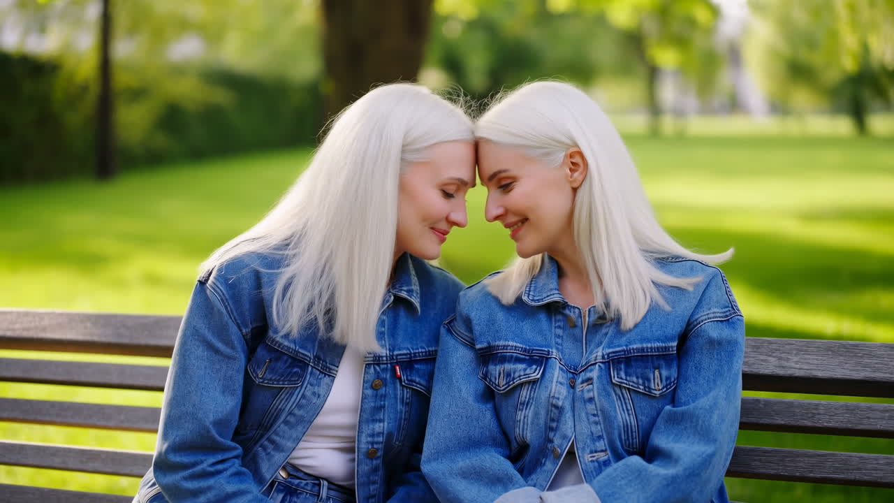Zwei kaukasische Frauen sitzen auf einer Parkbank, teilen eine zärtliche Stirnberührung mit sanftem Lächeln.
