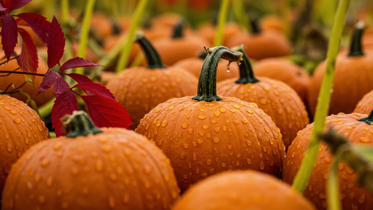 A Vibrant and Dewy Pumpkin Patch Displaying Plump, Juicy Harvests Eager for Autumn Celebrations and Festive Decorations in a Colorful Farm Setting