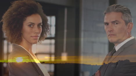 animation of sun setting over diverse business people in office