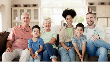 happy, smile and face of a big family on a sofa