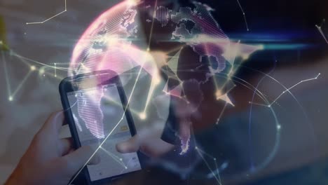 animación de la red de conexiones y el globo sobre los hombres que usan teléfonos inteligentes