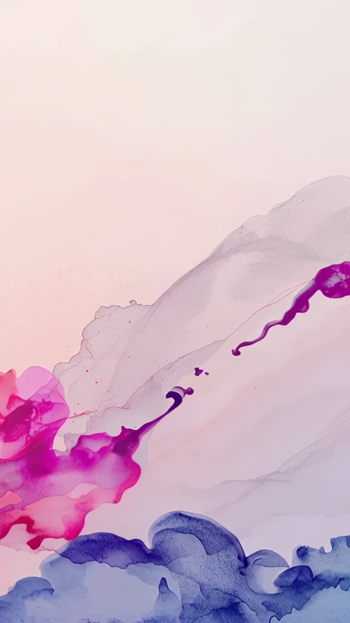 Video verticale: Fioritura magenta e nuvole blu che appaiono e fluiscono su una tela d'arte, creando un decoro da studio