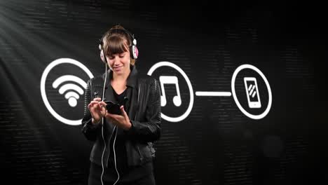 red de iconos de conexión contra la mujer que usa auriculares usando un teléfono inteligente