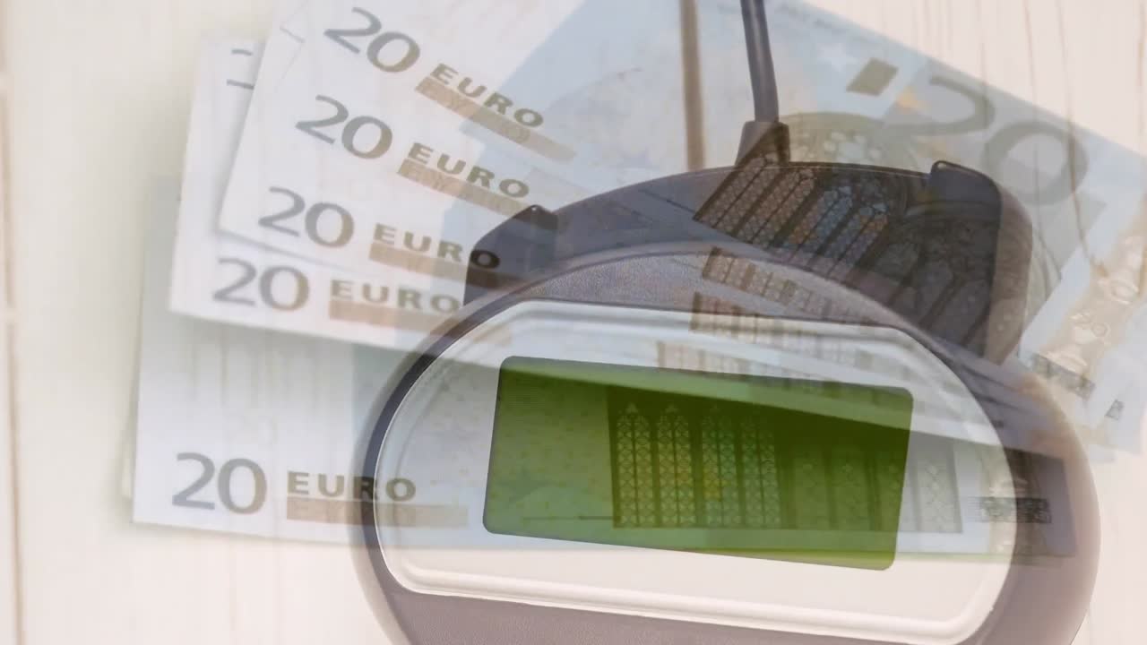Animazione di banconote di euro che cadono su un terminale di pagamento