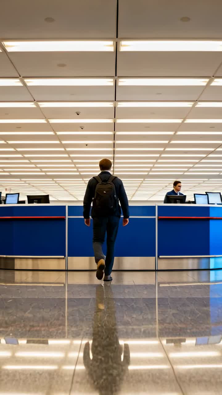 Video vertical: Viajero caminando hacia un mostrador azul del aeropuerto, con el equipaje reflejando, el personal de registro girando.