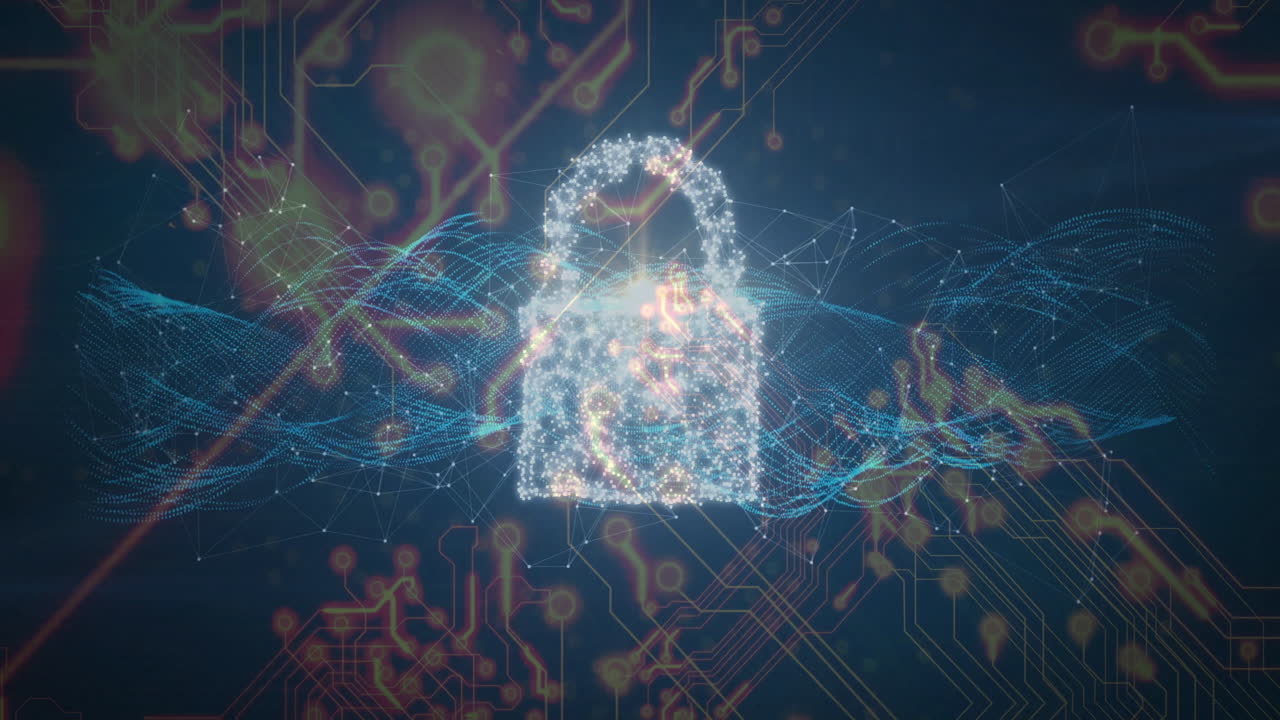 Digital lock symbol with network connections and data flow animation