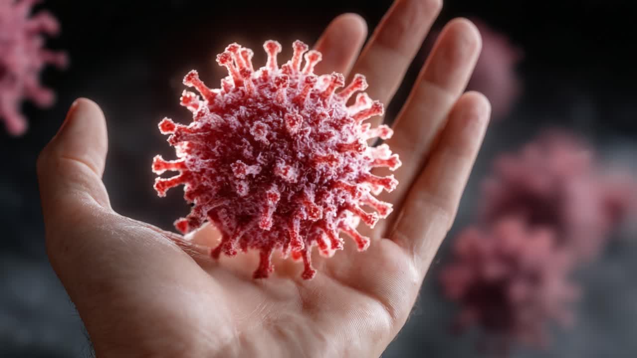 A Close-Up View of a Virus Model on a Hand, Highlighting the Intricate Details and Textures of the Pathogen in a Scientific Representation