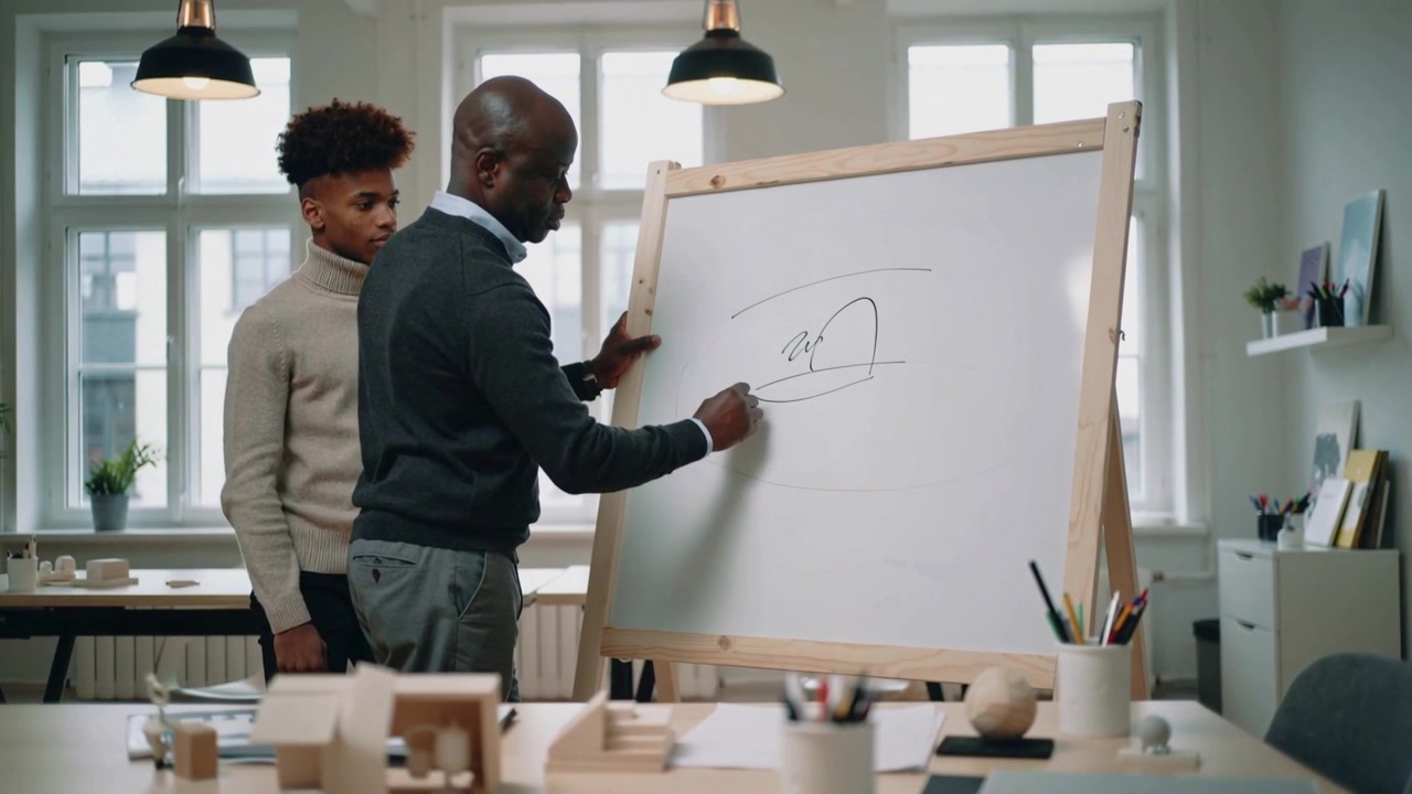 Starting stroke mentor wearing dark sweater sketching on studio board with marker teaching teen