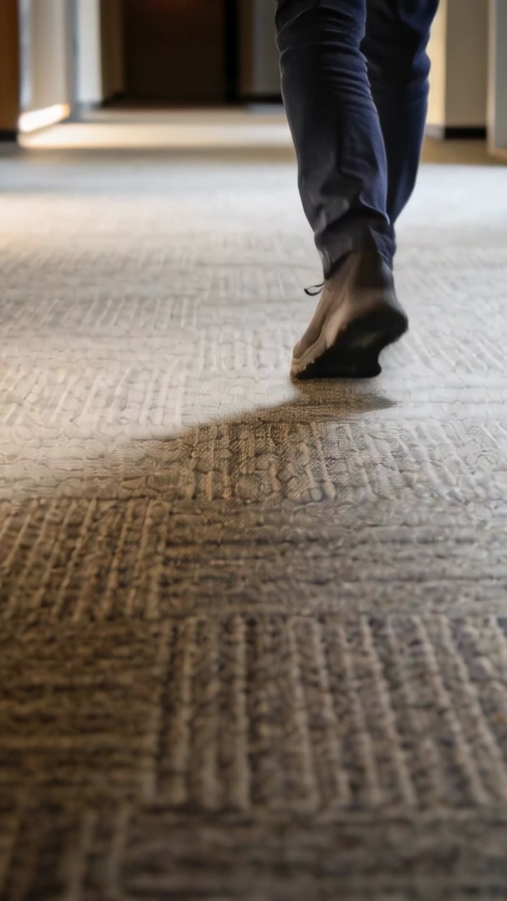 Vertical video: Foot entering, man in dark jeans and shoes walking corridor to lit door