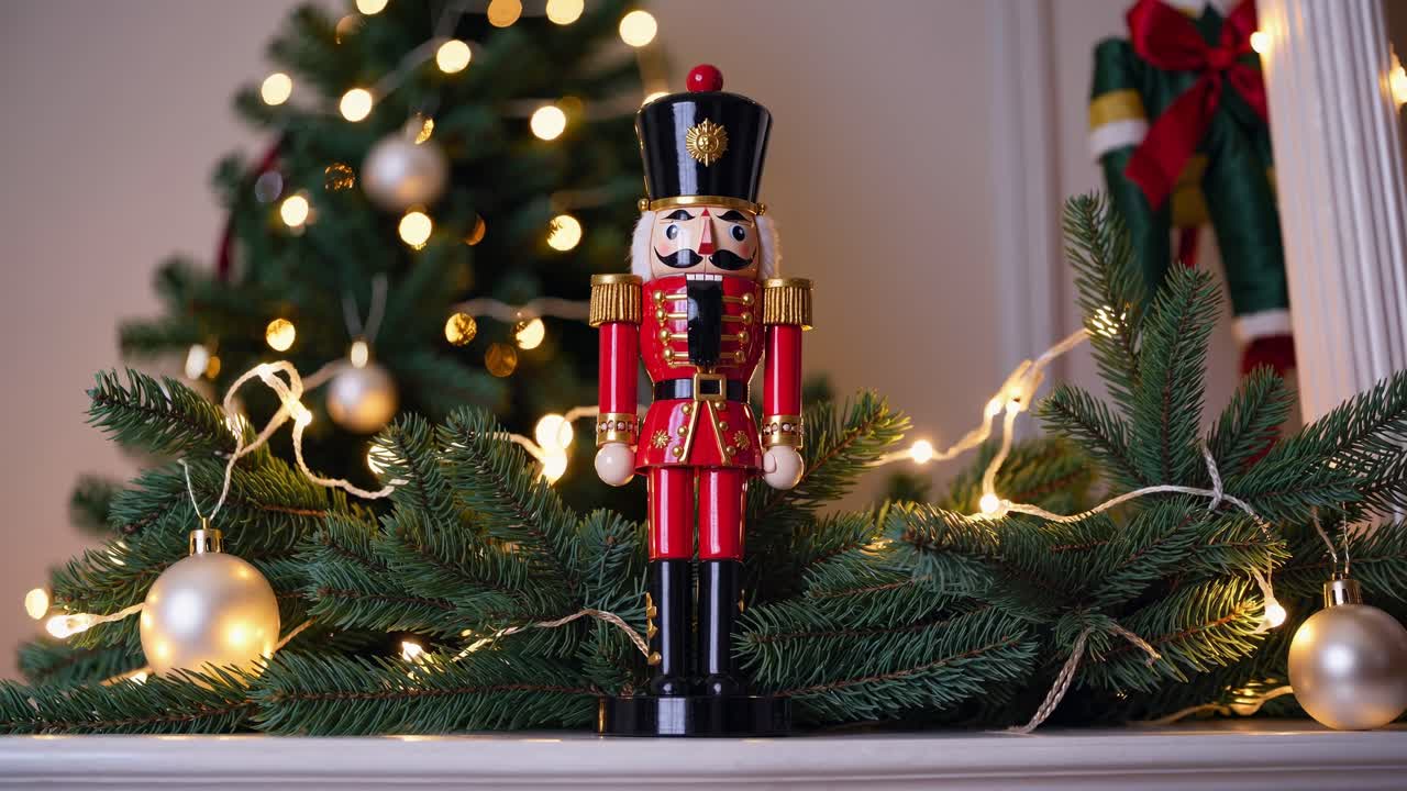 Festive video scene with a nutcracker soldier on a mantel, surrounded by pine branches and lights