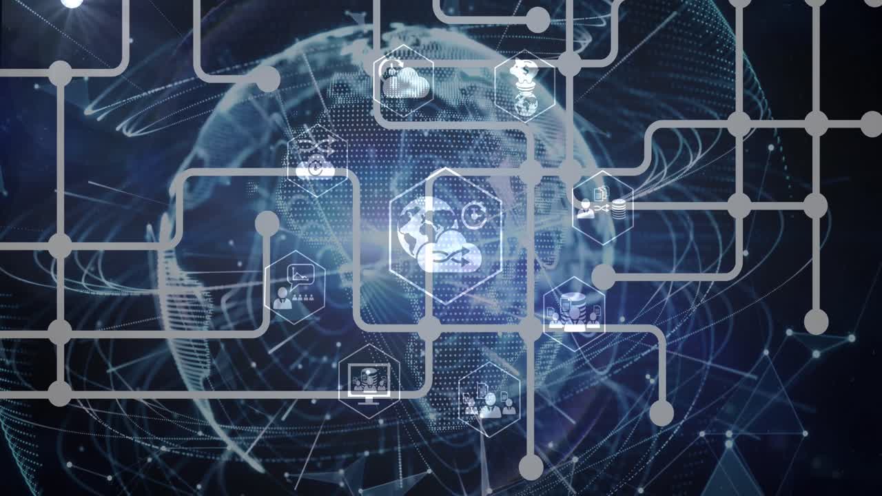 animación de iconos sobre placa de circuitos de computadora y globo en fondo negro