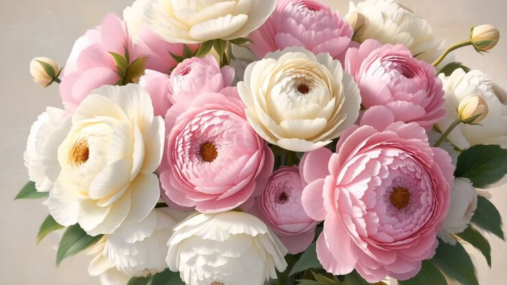 Un bellissimo bouquet di peonie rosa e bianche