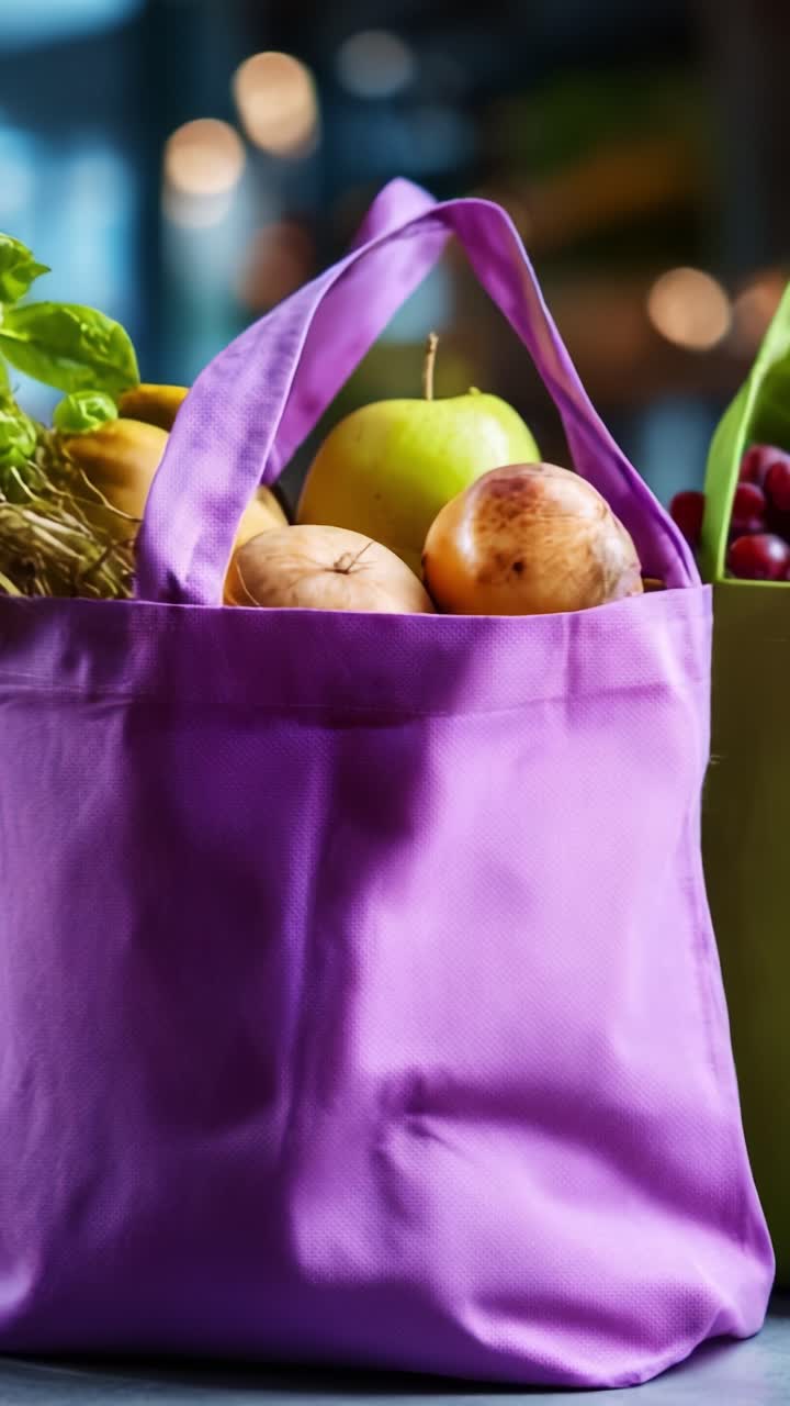 Eine farbenfrohe Einkaufstasche, gefüllt mit frischem Obst und Gemüse, die in einer modernen Umgebung gesunde Ernährung und nachhaltige Einkaufsentscheidungen präsentiert