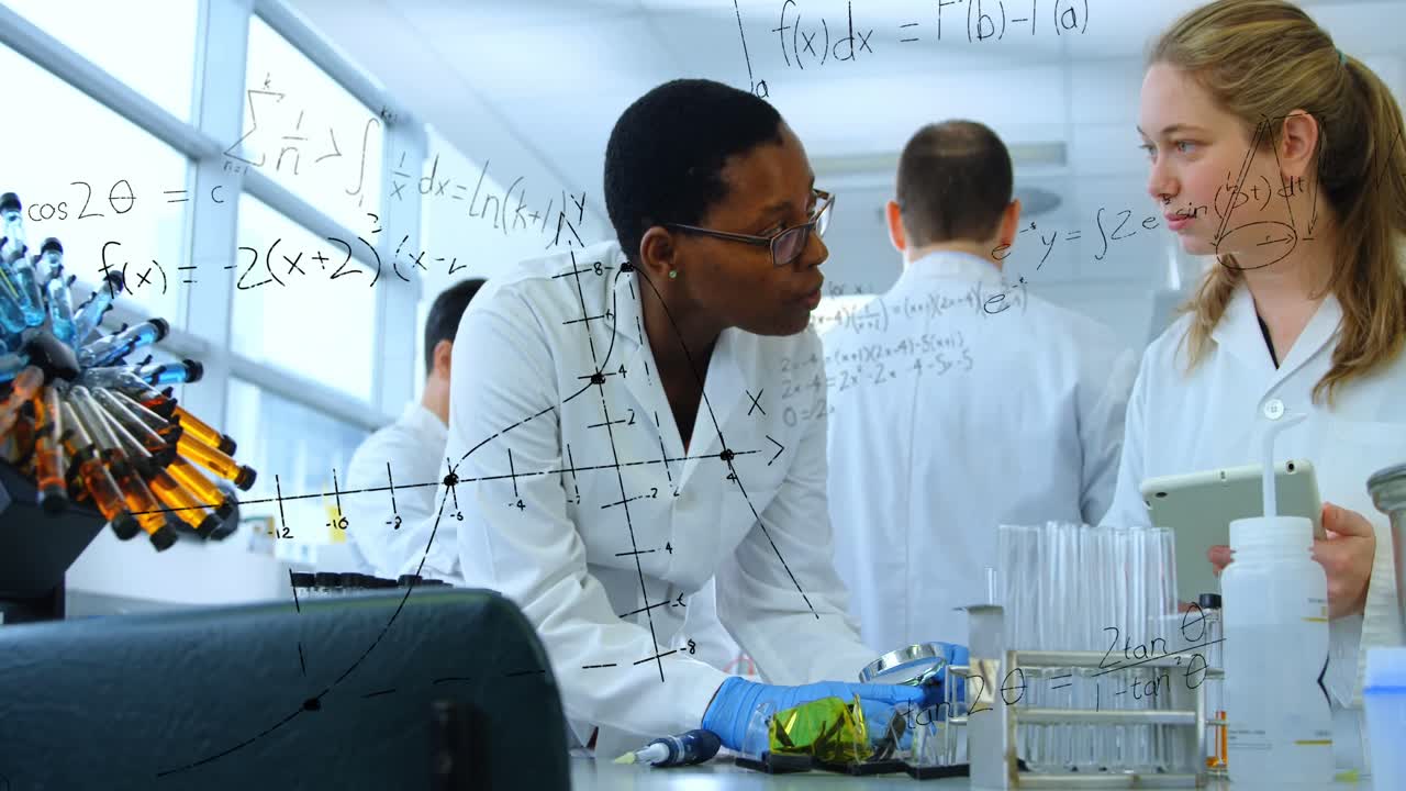 실험실에서 다양한 과학자들의 그룹에 대한 수학적 방정식의 애니메이션