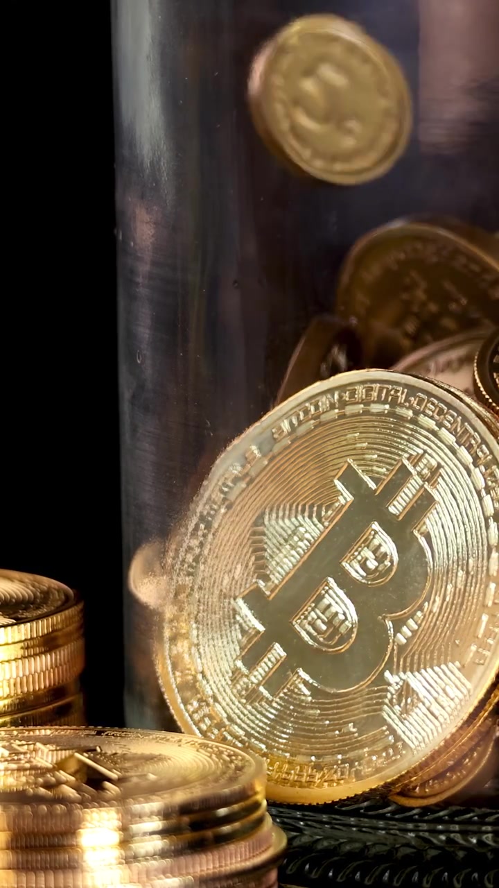 Tokens de criptomoeda dourados caem em um pote transparente, iluminados por iluminação de estúdio dramática, em close-up.