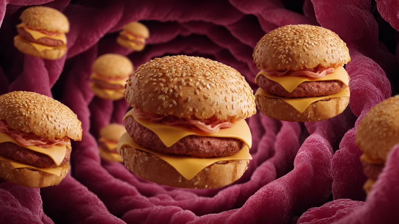 A Surreal Journey Through a Whimsical Gastronomic World Featuring Floating Cheeseburgers Surrounded by Vibrant, Organic Textures and Intricate Patterns in a Hypothetical Scenario