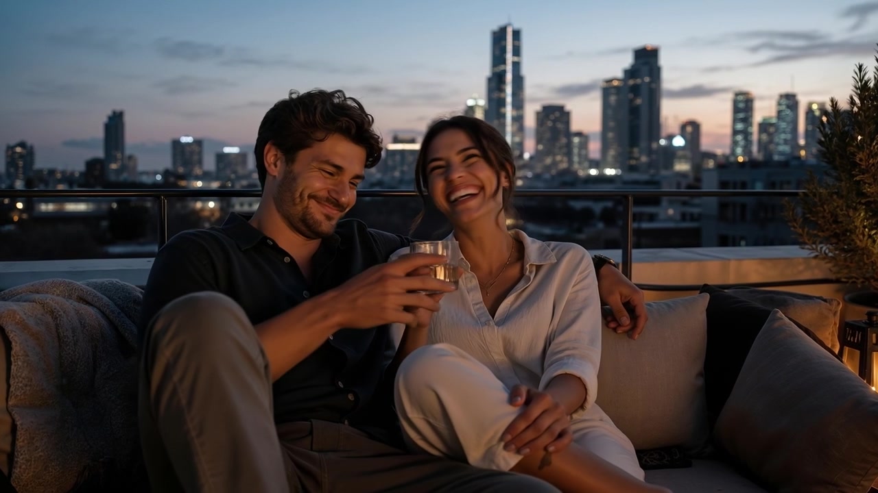 Coppia felice che si rilassa su un divano su una terrazza panoramica al crepuscolo con lo skyline della città sullo sfondo.