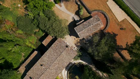 aerial birds eye view over roof of temple of clitumnus beside via virgilio, 139