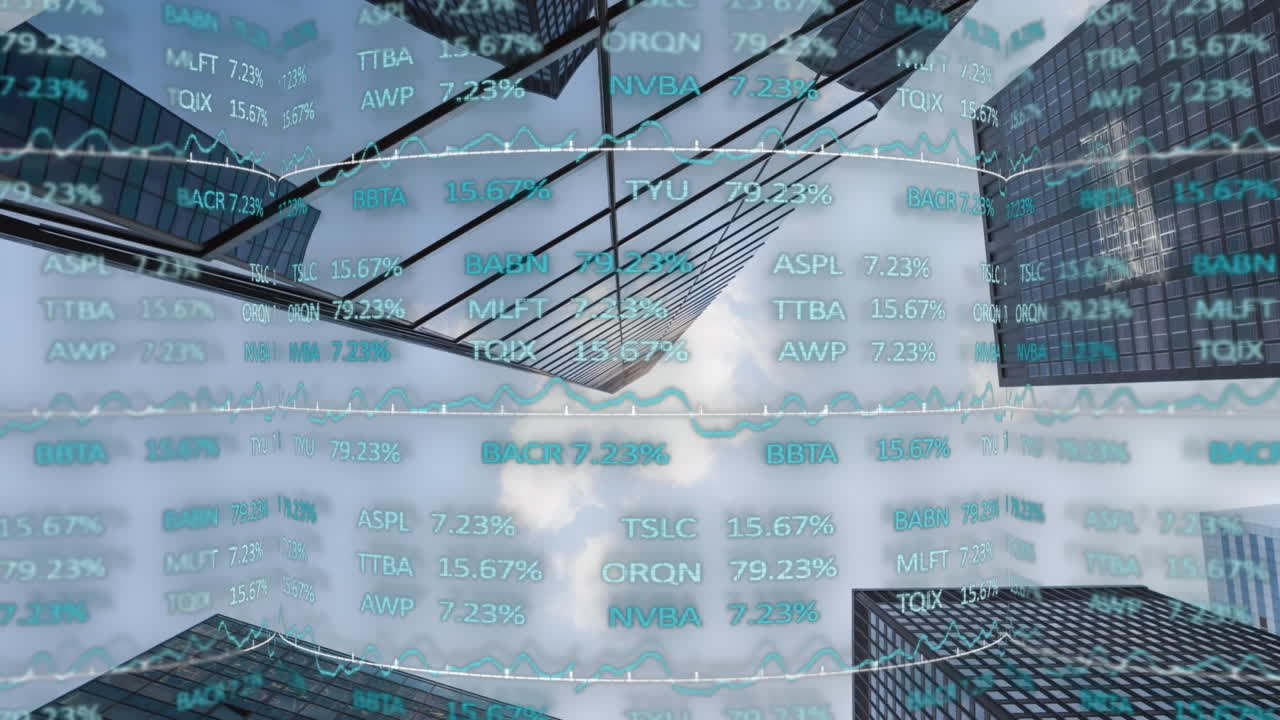 Animation of financial data processing over cityscape