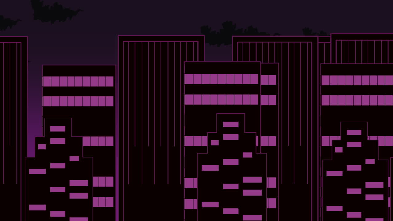 fondo de animación de dibujos animados con nubes de movimiento y edificios 3