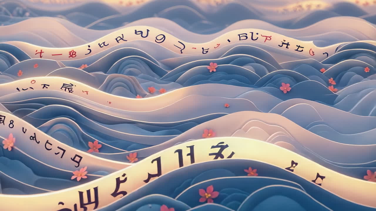 Abstract Wavy Ribbons with Mysterious Symbols and Flowers