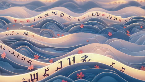 abstract wavy ribbons with mysterious symbols and flowers