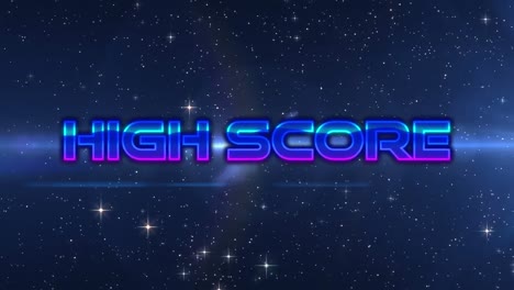 Animation-of-high-score-text-over-light-trails-and-spots-on-black-background