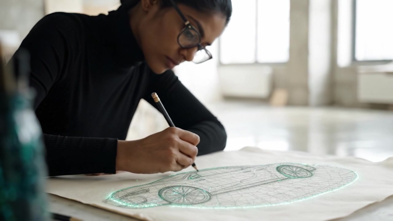 A dedicated artist sketching a car design with precision, showcasing creativity and attention to detail in an inspiring workspace filled with natural light.