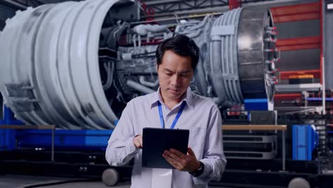 engineer inspecting jet engine components with tablet