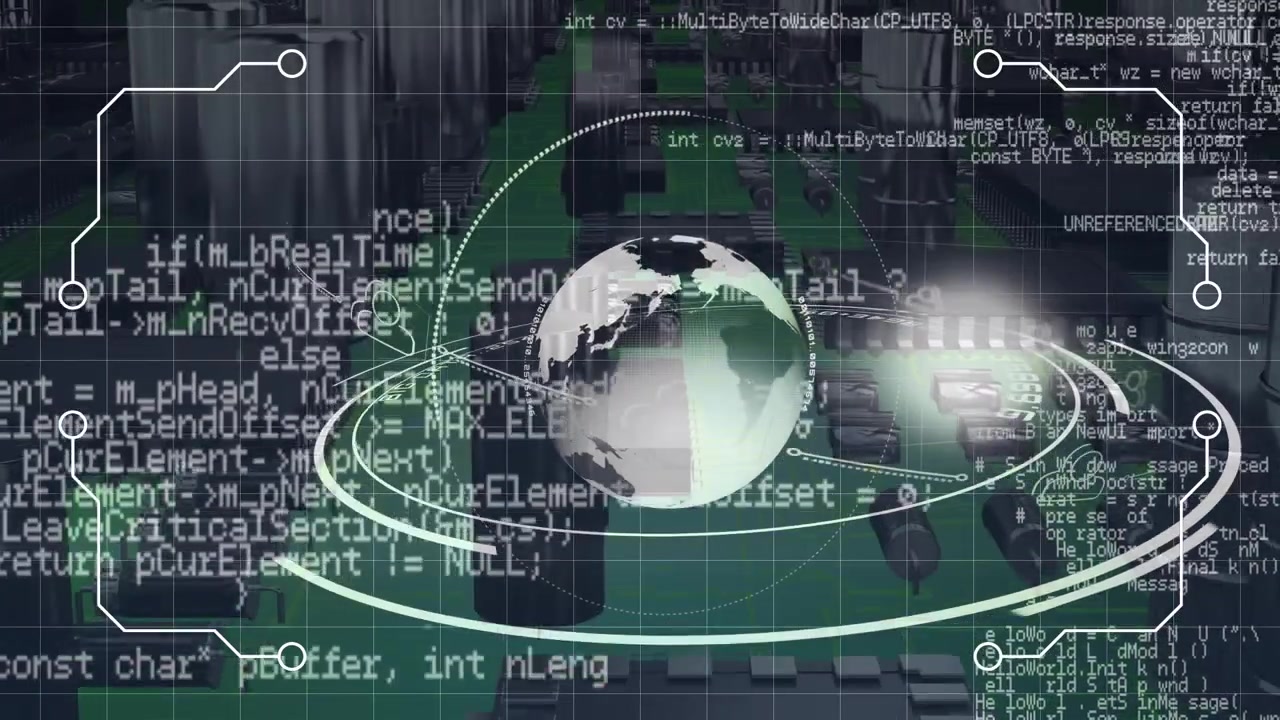 Animation of globe and data processing over computer circuit board