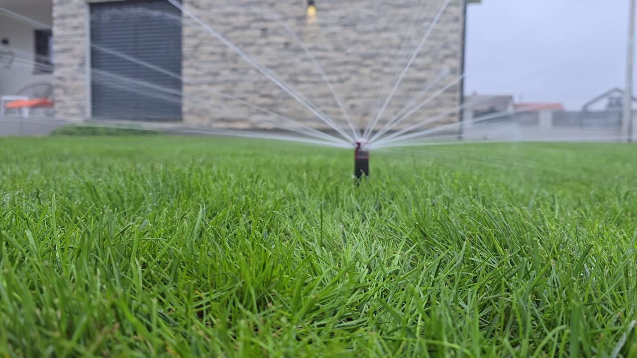 Irrigatore automatico a scomparsa che spruzza acqua su un prato verde lussureggiante. Primo piano di un sistema di irrigazione da giardino in azione sullo sfondo di una casa moderna. Manutenzione e cura del giardino di una casa intelligente.