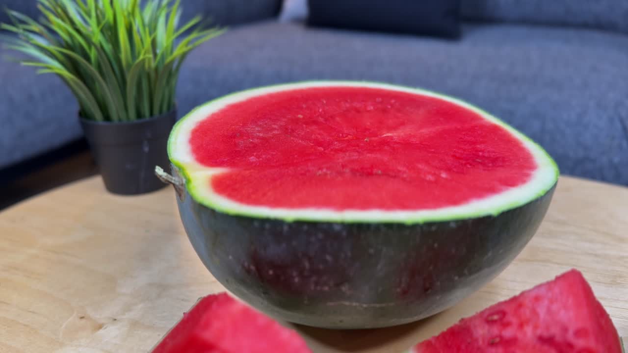 Close-up of a fresh halved watermelon on a wooden table indoors, ideal for food, summer refreshment, health, nutrition, and lifestyle projects