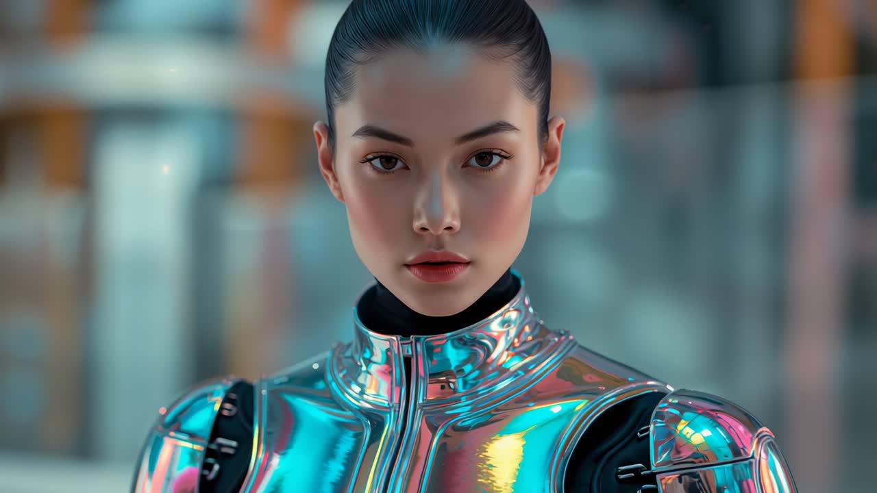 Asian woman responding to camera focus shifting in studio, with iridescent metallic bodysuit