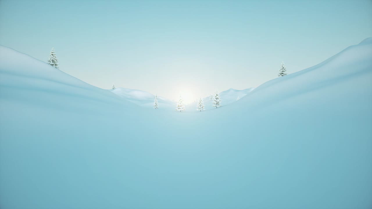 나무와 눈과 낮은 태양과 파란 하늘을 가진 겨울 풍경을 통해 카메라 비행. 고품질 루프 3d 애니메이션
